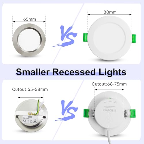 Laiebri 3er Set LED Einbaustrahler 230V, 3.5W Alu LED Spot 3000K Warmweiß 4000K Neutralweiß 6000K Kaltweiß, 300LM Möbeleinbauleuchte Lochmaß 55-58mm und 12mm Flach, IP44 Badezimmer Einbauspots Nickel