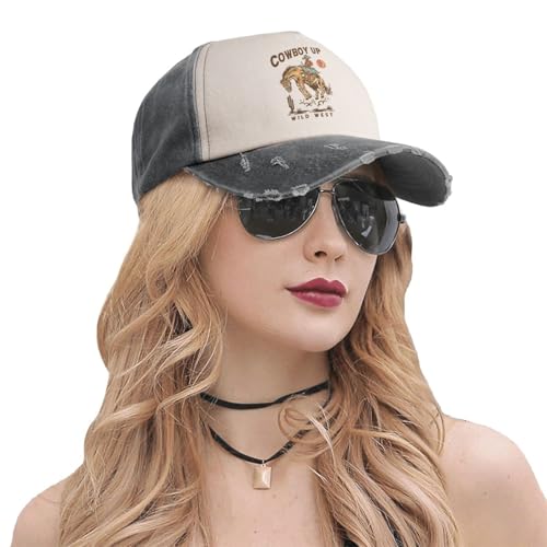 Image of Black Cowboy Up Wild West Hat for Men Woman Western Country Theme Rustic Washed Distressed Cotton Vintage Trucker Baseball Cap,Low Profile Plain Retro Baseball Hat,Classic Adjustable