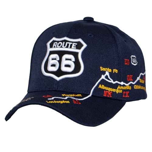 Image of TOP HEADWEAR Route 66 Embroidered Baseball Cap Americana Travel Hat | Mens Womens Historic Highway Inspired Style & Detailed Road Map Embroidery