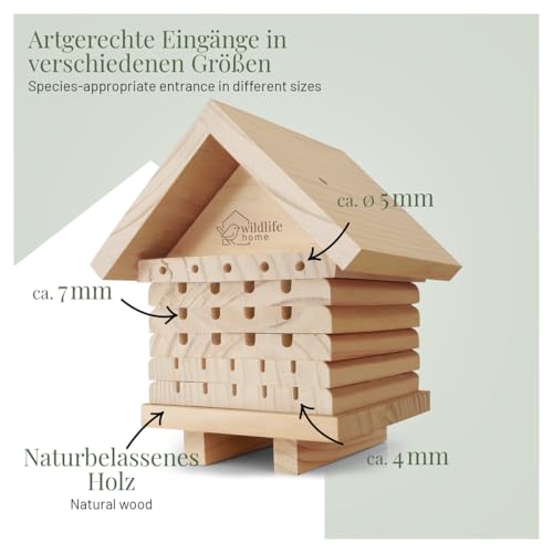 WILDLIFE HOME Bienenhotel aus Naturholz I Insektenhotel, Bienenhaus, Nisthilfe Unterschlupf für Wildbienen, Bienen I Wildbienenhotel für Garten & Balkon