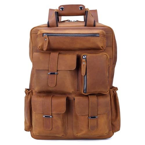 Cowhide Leather Multi Pockets 16 Inch Laptop Backpack Day Pack Travel Bag (Light Brown(Updated Version))2