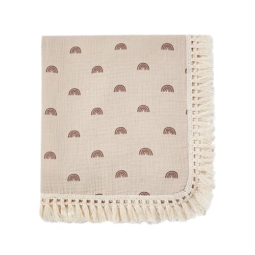 Image of insular Cotton Muslin Baby Blanket with Tassel, Boho Bohemian Muslin Swaddle Blanket Baby Receiving Blanket with Fringe, Nursery Decor Throw or Nursing Blankets, 47" x40”, Khaki Rainbow