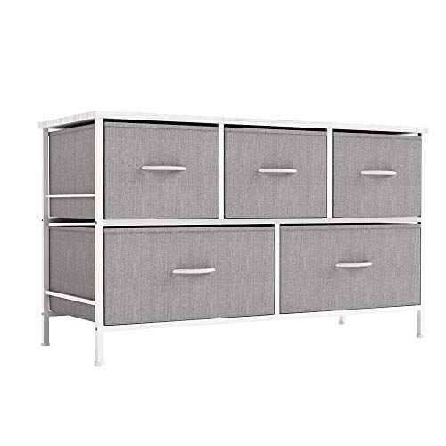 ALLZONE Dresser for Bedroom,Storage Chest Organizer, 5 Fabric Drawers Furniture for Closet, Kids Toy Organization,Wooden Table with Metal Frame, White/Gray