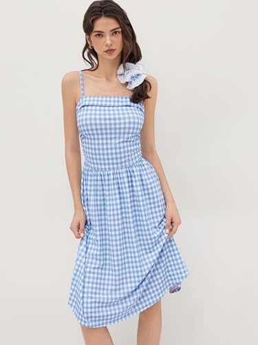 CIDER Women's Summer Gingham Midi Dress Sleeveless Ruched Plaid Dress Spaghetti Strap Dresses Casual Trendy3
