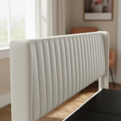 Image of APRODZ Queen Size Bed | Upholstered Platform Bed Frame with Velvet Tufted Headboard & Wooden Slat Support | Bed Queen Size Without Storage | No Box Spring Required | Black Wooden Legs Beige Fabric