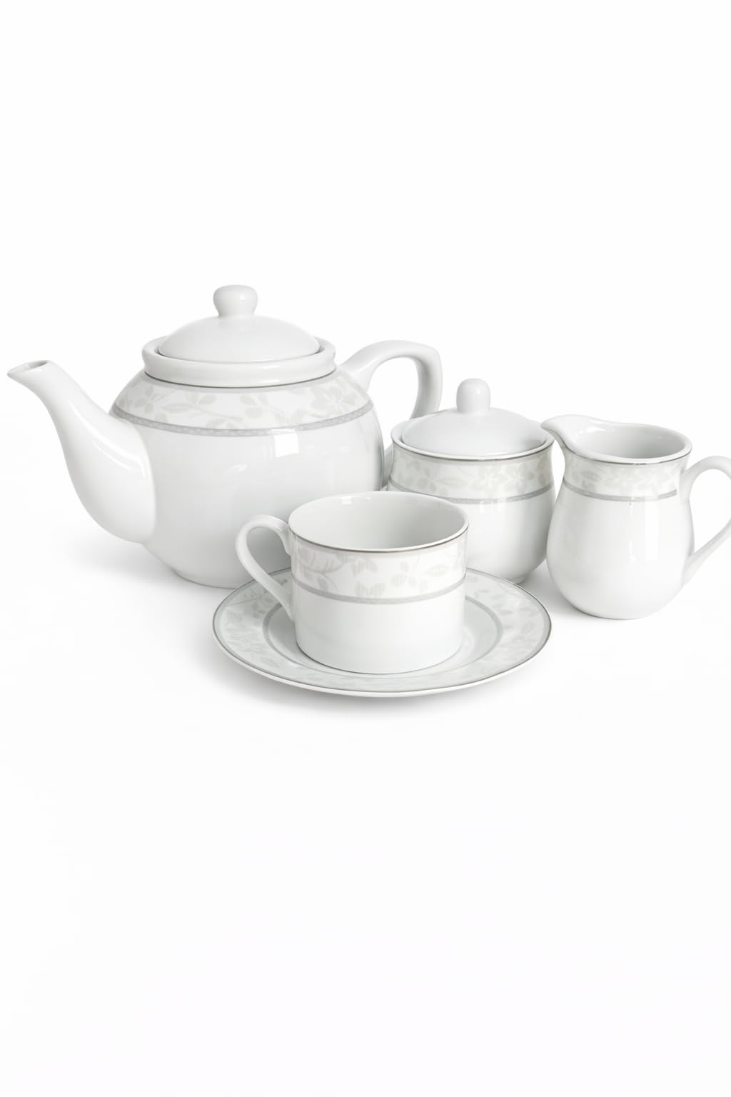 Generico Servizio da Tè Dorica 27 Pezzi in Porcellana Bianca – 12 Tazze con 12 Piattini + Teiera, Lattiera e Zuccheriera – Set Elegante con Decoro Argento