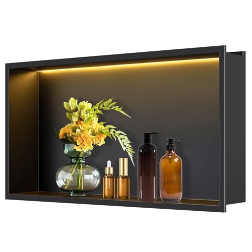 FTL LED Shower Niche Matte Black,60 x 30 x 10 cm Stainless Steel Lighted Shower Niche,No Tile Needed Niche Shower for Bathroom with 3000K Non-Dimmable LED Light,Wall Insert Bathroom Wall Niche
