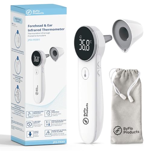 Thermomètre ByFloProducts, thermomètre auriculaire et frontal, thermomètre pour adultes et bébés, thermomètre numérique frontal, thermomètre infrarouge sans contact, mémoire de température et alarme de fièvre, facile à utiliser, fièrement canadien
