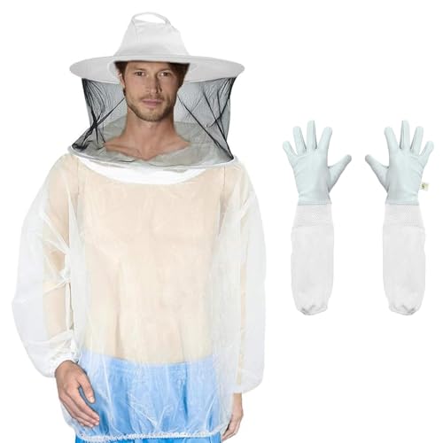 Luwint Ventilated Beekeeping Jacket with Round Veil and Gloves, Lightweight Breathable Polyester Bee Jacket for Beekeepers, Adjustable Cuff Beekeeper Protective Wear (One size)