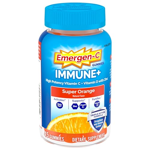 Emergen-C Immune+ Triple Action Immune Support Gummies, BetaVia (R), 1000mg Vitamin C, B Vitamins, Vitamin D and Antioxidants, Super Orange, Back to School Essentials – 45 Count