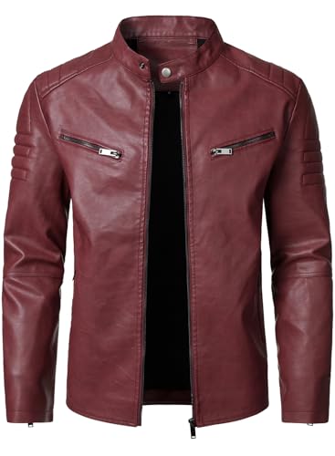 HOOD CREW Mens Faux Leather Motorcycle Jackets Stand-up Collar Leather Jacket Vintage Coats Outwear Red L