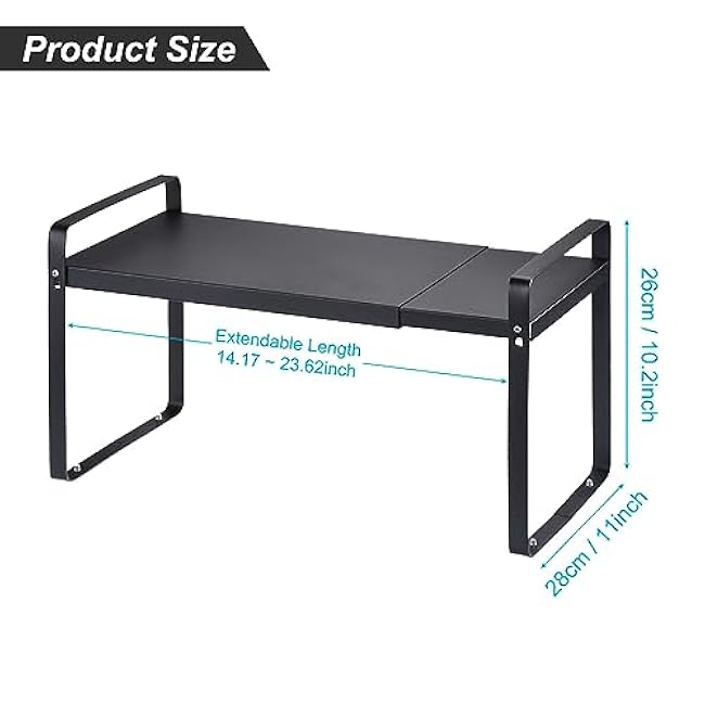 uxcell Expandable Cabinet Shelf Organizers, Kitchen Counter Shelves, Metal Spice Racks, Stackable Counter Storage Shelf (Black 14-23.6 L x 11 W x 10.3 H)