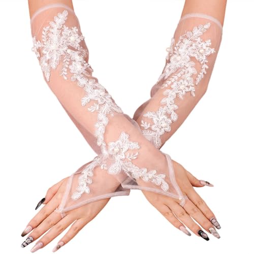 CASDRE Fingerless Long Lace Wedding Gloves White Tulle Bridal Arm Sleeves Pearl Floral Elbow Length Tea Party Gloves for Women and Girls