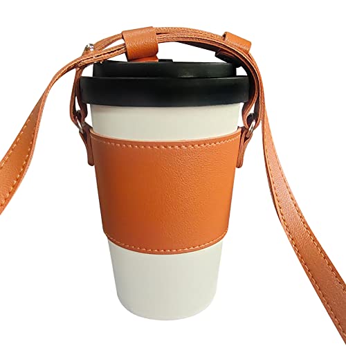 Coffee Cup Holder Crossbody Coffee Cup Sleeve Reusable Leather Sleeve with Adjustable Shoulder Strap Portable Carrier