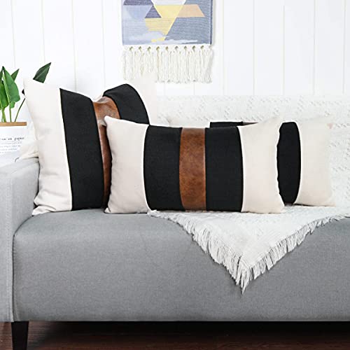 Jasen Set Of 2 Faux Leather And Linen Lumbar Pillow Covers 12X20 Inch Black And White Modern Farmhouse Rectangular Accent Cushion Covers For Couch Sofa #TOP2