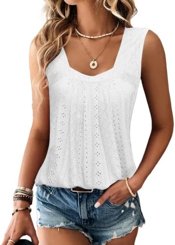 EGRETLAC Women Square Neck Summer Sleeveless Tank Tops, Cute Babydoll Tops Fashion Eyelet Tunic Curved Hem Shirts Blouses White