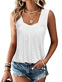 EGRETLAC Women Square Neck Summer Sleeveless Tank Tops, Cute Babydoll Tops Fashion Eyelet Tunic Curved Hem Shirts Blouses White