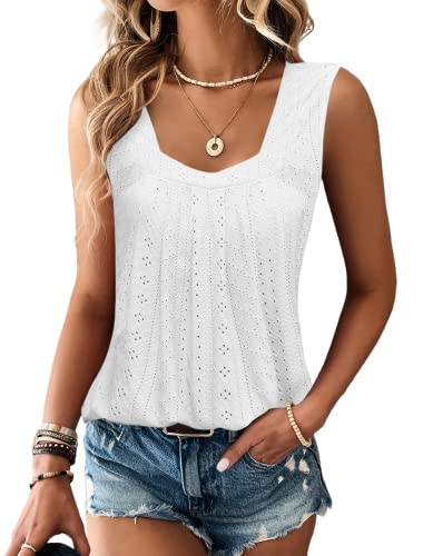 EGRETLAC Women Square Neck Summer Sleeveless Tank Tops, Cute Babydoll Tops Fashion Eyelet Tunic Curved Hem Shirts Blouses White