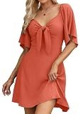 Dokotoo Orange Summer Dresses for Women 2026 Wedding Guest Elegant Bow Tie Mini Dress for Women Deep V Neck Ruffle Short Sleeve Women's Casual Outfits Dresses