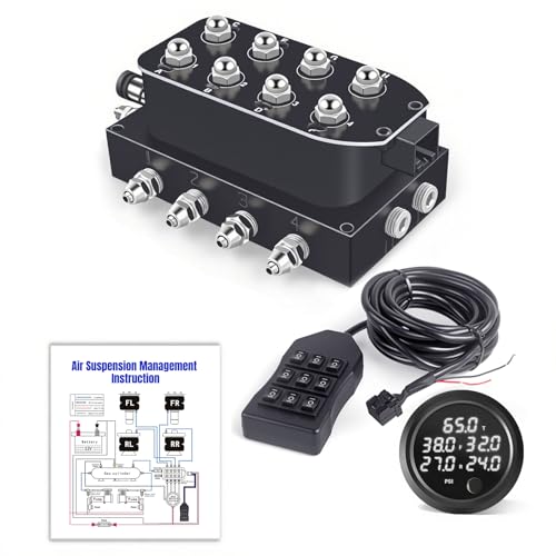 CNWZYMX 12V Air Management featuring 8-Valve Air Ride Suspension Manifold with 16.5FT switch Wired Remote Controller and Five-Way White Display Air Pressure Gauges