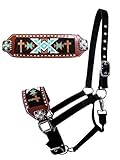 Showman Horse Beaded Turquoise Gold Cross Concho Leather Nylon Bronc Adjustable Halter