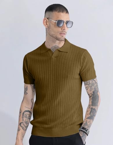Image of Veirdo Men's Casual Ribbed Polo Collar Knit T-Shirt | Regular Fit Half Sleeve Polo for Men | Flat Knit Textured T-Shirt Perfect for Office, Party, Travel