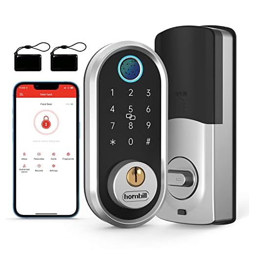 Smart Lock, hornbill Fingerprint Deadbolt Lock with Touchscreen Keypad, Keyless Entry Front Door Lock, Bluetooth Electronic Digital Lock with App Control, Auto Lock, Keys, IC Cards and Code for Homes