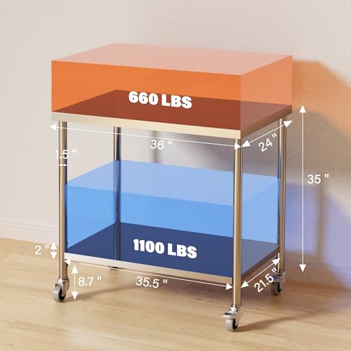 Stainless Steel Table, 36" x 24" Prep Workstation, 1000 LBS, NSF Commercial Work Table with Adjustable Undershelf and Lockable Casters, for Restaurant, Home, Kitchen, Hotel, Outdoor