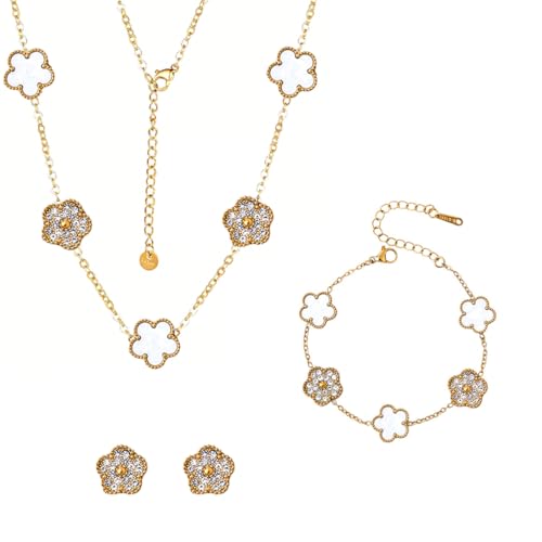 Bcenoilua Ensemble de Bijoux Trèfle à Quatre Feuilles pour Femme Fille Plaqué Or 18 Carats Collier Boucles D'oreilles Bracelet Set Acier Inoxydable...