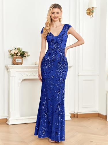 Image of Womens Sequined Long Evening Gown Glamous Sleeveless V-Neck Mermaid Prom Dress for Wedding Party Club Occasions