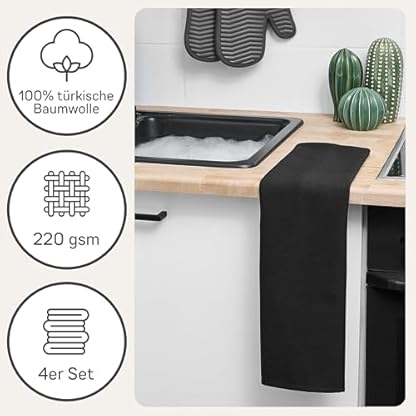 Bellphany 4er Set Geschirrtücher schwarz - Küchentücher 100% türkische Baumwolle, Oeko-TEX® zertifizierte Geschirrhandtücher, 45x60cm, schwarz einfarbig – Bild 3