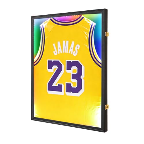 Image of Jersey Frame with LED for Wall, Large Lockable T-Shirt Shadow Box with LED Light & Clear UV Protection Acrylic & Hangers for Football Basketball Baseball Soccer Hockey, Matte Black 1 Pack