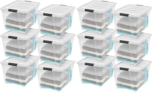 Image of IRIS USA 12-Pack 54 Quart Stackable Storage Bins with Lids [Made in USA] - Everyday Organizer Latching Clear Plastic Organization Containers Closet Bedroom Shelving Units Home Storage - Clear /White