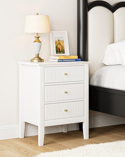 Fluted Nightstand, Farmhouse Night Stand with 3 Drawers, Mid Cent...