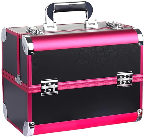 Image of Adson Professional Makeup Box Cosmetics Case Jewelry Organiser Vanity Make Up Storage Box Beauty Train Case Lockable with Keys (Black & Pink) 32x21x26cm