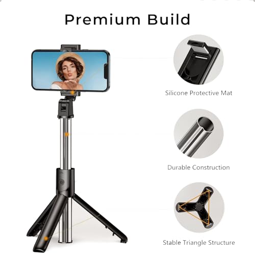 Image of BESTOR Selfie Stick Tripod with Wireless Remote, Extendable 3-in-1 Bluetooth Stand for Vlogging, Photography, Reels & Video Calls, Compact & Portable (Black)