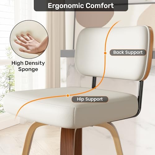 Choairy Swivel Bar Stools Set of 2, 26" Upholstered Faux Leather Counter Height Barstools with Walnut Back & Bentwood Legs, Mid Century Modern Bar Chairs Island Stools for Kitchen Counter, Beige — view 5