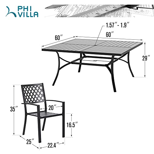 Phi Villa 9 Piece Patio Dining Set, Metal Outdoor 60" Square Table Furniture Set With 8 Backyard Armrest Stackable Chairs, Table With 1.57" Umbrella Hole For Patio, Deck #TOP5