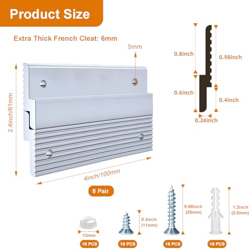 4\'\' French Cleat Hanger, Heavy Duty Picture Hanger Aluminum Z Clips with Screws, Interlocking Wall Mounting Brackets for Hanging Panel, Whiteboard, Cabinet, Shelf, Headboard, Art (4 Pairs,50 lbs)