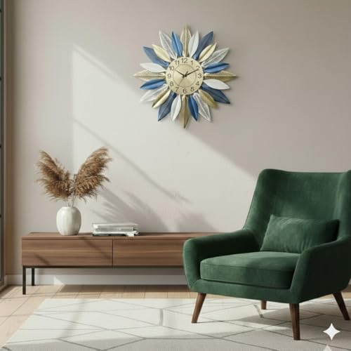 Image of European Style Luxury Analog Metal Build Design Decorative Wall Clock Perfect for Home and Office /Hotel /Restaurant /Living Room Decoration /Durable /Aesthatic Looks (Blue Petal Clock)