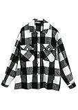 OMZIN Women's Plaid Print Drop Shoulder Button Front Long Sleeve Blouse Shacket Coat with Pockets BLK XL