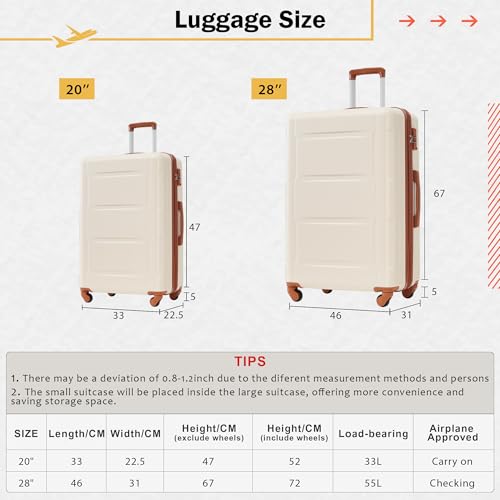 Lightweight Expandable 2 Piece Luggage Set with Spinner Wheels, Includes 20 inch and 28 inch Suitcases, Khaki Brown2