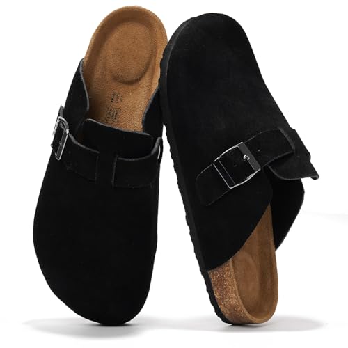 Project Cloud Mens Clogs - Full Grain Genuine Leather Memory Foam Clogs for Men Arch Support Cork Footbed - Non Slip Platform Mules (Brooklyn, BLKSUEDE, 9.5)