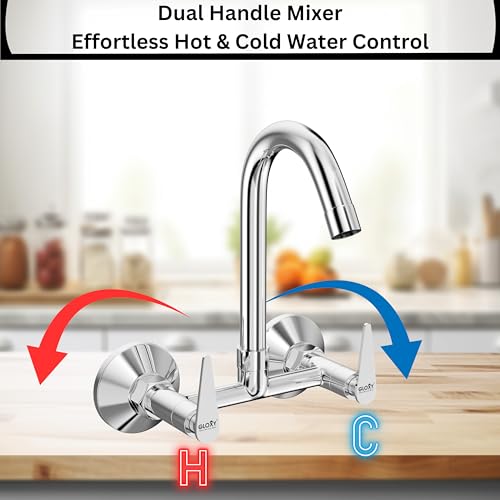 Image of Gloxy Premium Brass 2 in 1 Wall Mounted Sink Mixer with 360 Swivel Spout - Nano Lever Kitchen Sink Mixer with Chrome Finish - Hot & Cold Water Mixer for Bathroom & Kitchen Sink - 10 Years Warranty