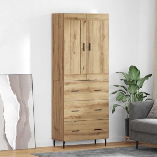 Kaloriko Highboard - Armario alto (2 piezas, roble Artisan, madera y cristal, 69,5 x 34 x 180 cm, con cajones, para salón y comedor)