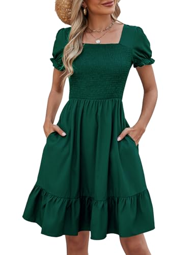 Image of Lyrur Women's Short Sleeve Summer Dresses 2026 Spring Casual Square Neck Easter Dress A-Line Tiered Sundress with Pockets