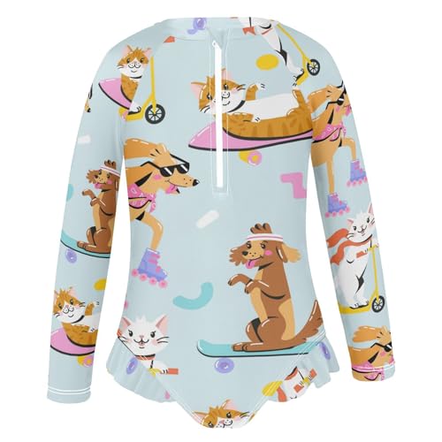 Wusikd Girls Long Sleeve Swimsuit Funny Cat Dog One Piece Bathing Suit Zipper Skateboard Swimwear Sun Protection 5-6T2