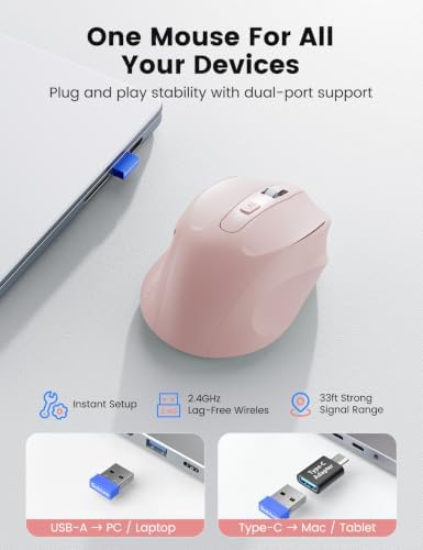 Pink Wireless Mouse for Laptop, 2.4GHz Computer Mouse with USB-A Port &USB-C Adapter, Cordless Office Mice with 6 Buttons & 3 Level DPI for Small to Medium Hands, Work with PC, Desktop, Tablet - M21 - 5