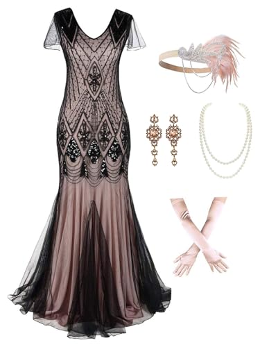 Image of 869A - Plus Size 1920s Vintage Fringed Gatsby Sequin Dimand Tassels Flapper Party Cocktail Dress with Accessories