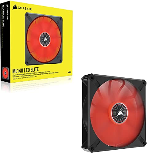 Corsair ML140 LED ELITE, 140 mm PWM Ventilateur à LED (Technologie CORSAIR AirGuide, Roulement à Lévitation Magnétique, Jusqu’à 1 600 tr/min, Huit LED Ultralumineuses, Bruit Faible) Vendu Seul, Rouge